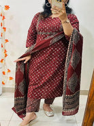 Rusty Red Embroidery Azrak Cotton Straight Suit Set - BONYHUBSALWAR KAMEEZ