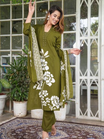 Olive Green Hand Work Cotton Straight Suit Set - BONYHUBSALWAR KAMEEZ