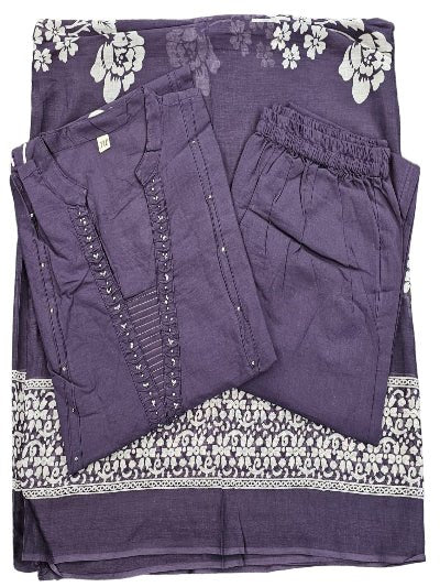 Dusty Purple Handwork Cotton Straight Suit Set - BONYHUBSALWAR KAMEEZ
