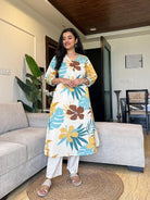 White Tropical Printed Kurti Pant Set Of 2 - BONYHUBSALWAR KAMEEZ