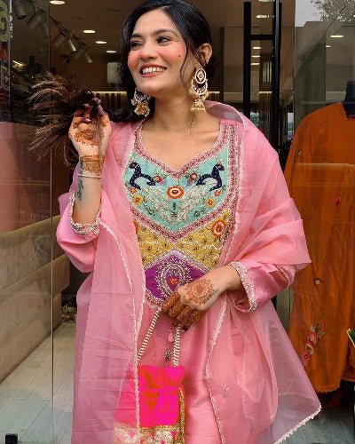 Blush Pink Sequin Embroidery Silk Straight Suit Set - BONYHUBSALWAR KAMEEZ