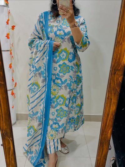 Sky Blue Floral Embroidery Cotton Straight Suit Set - BONYHUBSALWAR KAMEEZ