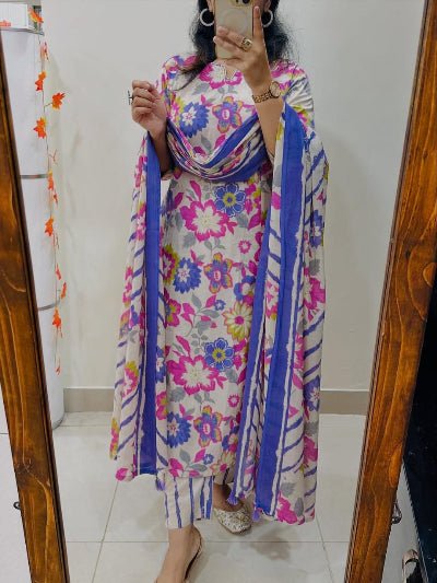 Blue Multicolour Floral Embroidery Cotton Straight Suit Set - BONYHUBSALWAR KAMEEZ