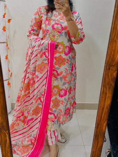 Pink Floral Embroidery Cotton Straight Suit Set - BONYHUBSALWAR KAMEEZ