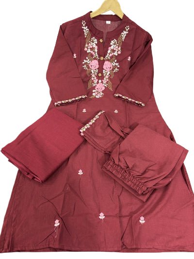 Mesmerising Burgandy Embroidery Cotton Straight Suit Set - BONYHUBSALWAR KAMEEZ
