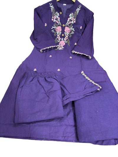 Purple Embroidery Cotton Straight Suit Set - BONYHUBSALWAR KAMEEZ