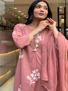 Peach Pink Elegant Embriodey Cotton Straight Suit Set - BONYHUBSALWAR KAMEEZ