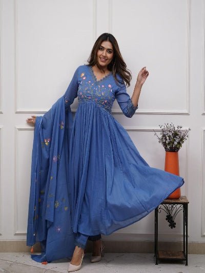Ocean Blue Elegant printed Malmal Embroidery Anarkali Suit Set - BONYHUBSALWAR KAMEEZ