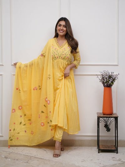 Yellow Elegant Embroidery Anarkali Suit Malmal Dupatta - BONYHUBSALWAR KAMEEZ