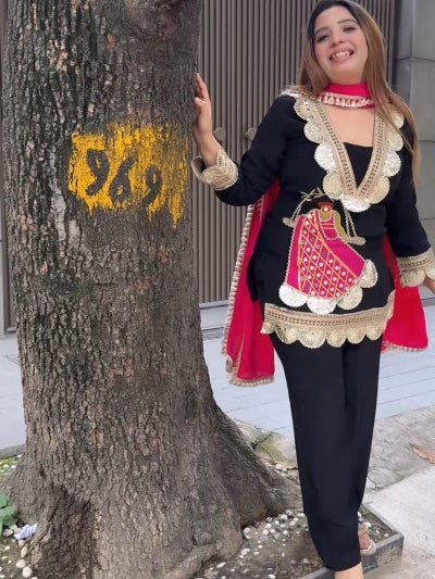 Black Lace Embroidery Luxurious Rayon 3 Piece Suit - BONYHUBSALWAR KAMEEZ