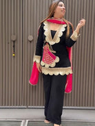 Black Lace Embroidery Luxurious Rayon 3 Piece Suit - BONYHUBSALWAR KAMEEZ