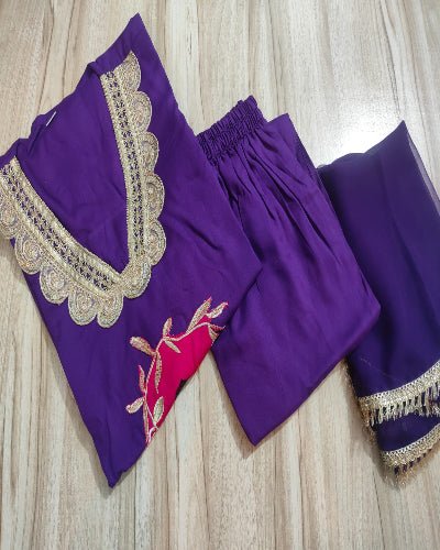 Purple Lace Embroidery Luxurious Rayon 3 Piece Suit - BONYHUBSALWAR KAMEEZ