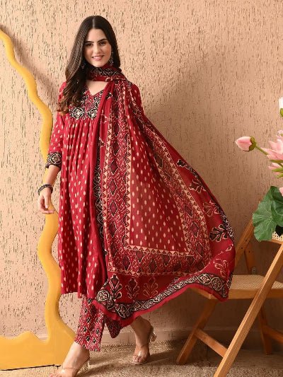 Red Premium Cotton Printed Anarkali Suit - BONYHUBSALWAR KAMEEZ