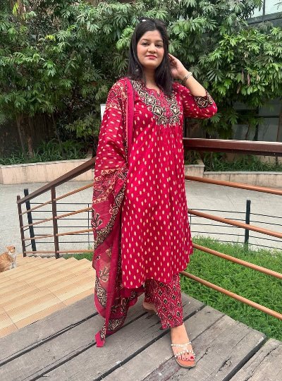 Red Premium Cotton Printed Anarkali Suit - BONYHUBSALWAR KAMEEZ