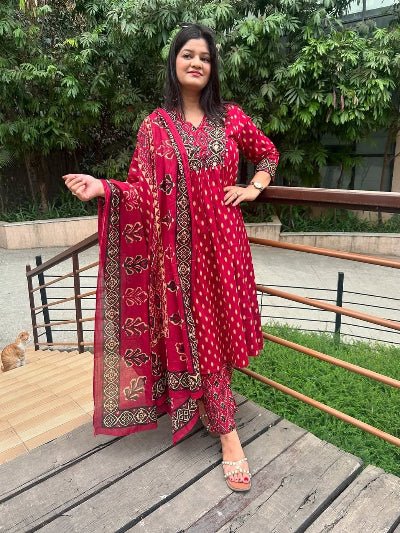 Red Premium Cotton Printed Anarkali Suit - BONYHUBSALWAR KAMEEZ