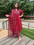 Red Premium Cotton Printed Anarkali Suit - BONYHUBSALWAR KAMEEZ
