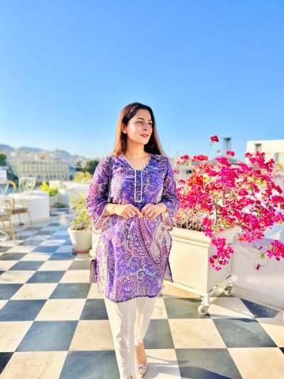 Lavender Purple Paisley Print Cotton Kurti Tulip Pant Dupatta Set - BONYHUBSALWAR KAMEEZ