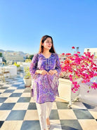 Lavender Purple Paisley Print Cotton Kurti Tulip Pant Dupatta Set - BONYHUBSALWAR KAMEEZ