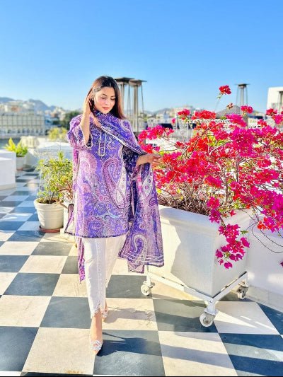 Lavender Purple Paisley Print Cotton Kurti Tulip Pant Dupatta Set - BONYHUBSALWAR KAMEEZ