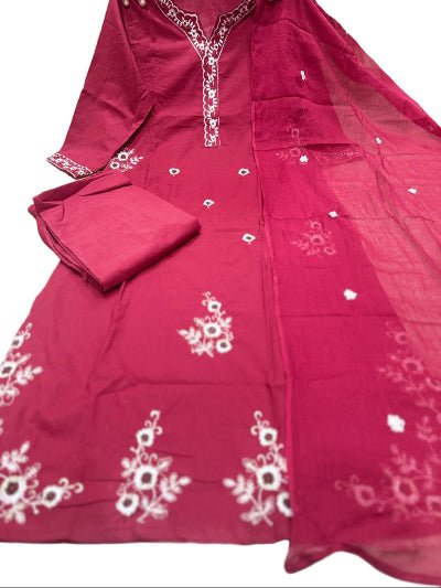 Rusty Red Embroidery Pure Cotton Straight Suit Set - BONYHUBSALWAR KAMEEZ