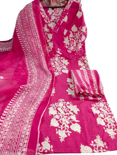 Pink Printed Sequence Embroidery Pure Cotton Straight Suit Set - BONYHUBSALWAR KAMEEZ