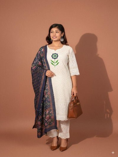 White Chikankari Embroidery Cotton Straight Suit Set - BONYHUBSALWAR KAMEEZ