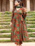 Green Floral Print Cotton Anarkali Suit With Kota Doriya Dupatta - BONYHUBSALWAR KAMEEZ