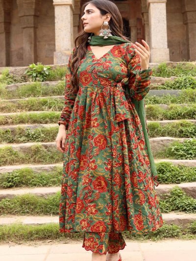 Green Floral Print Cotton Anarkali Suit With Kota Doriya Dupatta - BONYHUBSALWAR KAMEEZ
