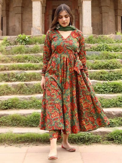Green Floral Print Cotton Anarkali Suit With Kota Doriya Dupatta - BONYHUBSALWAR KAMEEZ