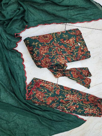 Green Floral Print Cotton Anarkali Suit With Kota Doriya Dupatta - BONYHUBSALWAR KAMEEZ