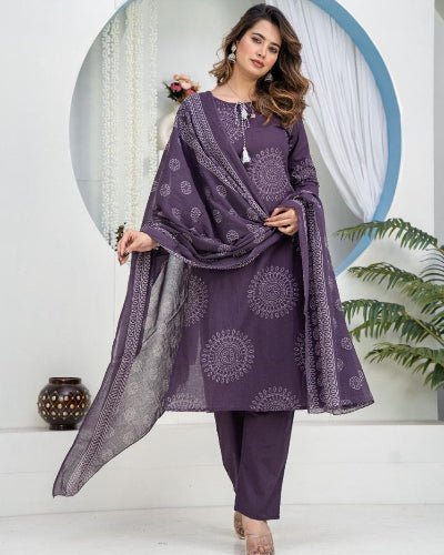 Dark Purple Elegant Ada Work Pure Cotton Straight Suit Set - BONYHUBSALWAR KAMEEZ