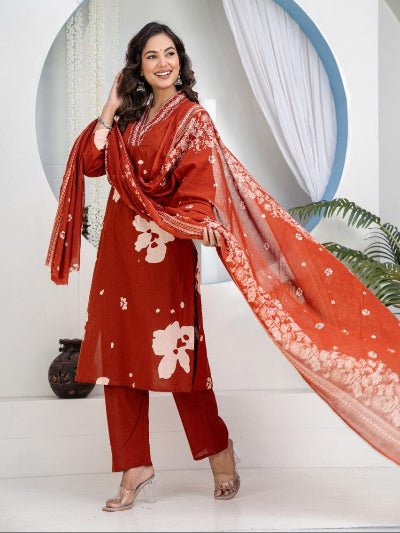 Brick Orange Cotton Ethnic Embroidery Work Suit Set - BONYHUBSALWAR KAMEEZ