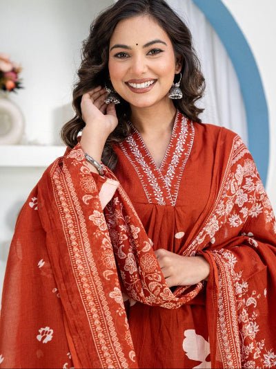 Brick Orange Cotton Ethnic Embroidery Work Suit Set - BONYHUBSALWAR KAMEEZ