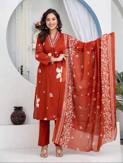 Brick Orange Cotton Ethnic Embroidery Work Suit Set - BONYHUBSALWAR KAMEEZ