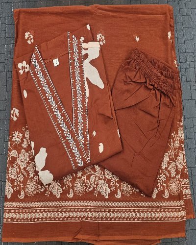 Brick Orange Cotton Ethnic Embroidery Work Suit Set - BONYHUBSALWAR KAMEEZ