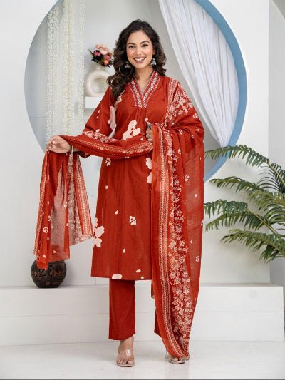 Brick Orange Cotton Ethnic Embroidery Work Suit Set - BONYHUBSALWAR KAMEEZ