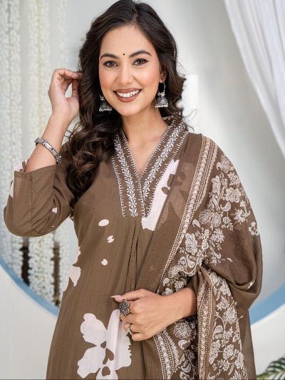 Plus Size Earthy Cotton Ethnic Embroidery Work Suit Set - BONYHUBSALWAR KAMEEZ