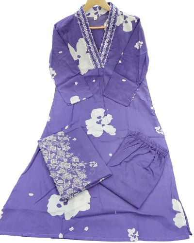 Plus Size Lavender Cotton Ethnic Embroidery Work Suit Set - BONYHUBSALWAR KAMEEZ