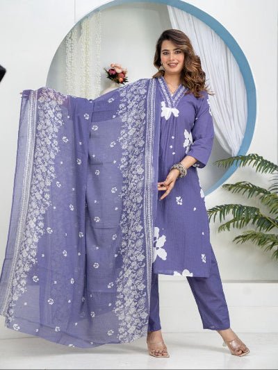 Plus Size Lavender Cotton Ethnic Embroidery Work Suit Set - BONYHUBSALWAR KAMEEZ