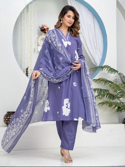 Plus Size Lavender Cotton Ethnic Embroidery Work Suit Set - BONYHUBSALWAR KAMEEZ