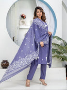 Plus Size Lavender Cotton Ethnic Embroidery Work Suit Set - BONYHUBSALWAR KAMEEZ