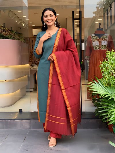 Dusty Green Maroon South Handloom Cotton Straight Suit Set - BONYHUBSALWAR KAMEEZ