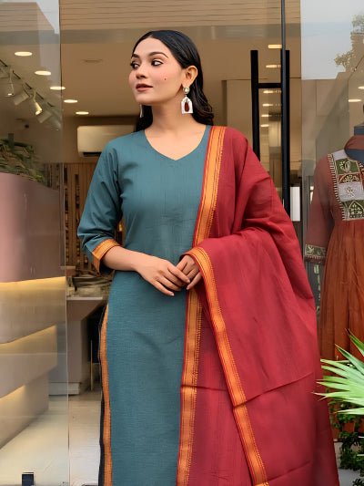 Dusty Green Maroon South Handloom Cotton Straight Suit Set - BONYHUBSALWAR KAMEEZ