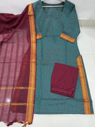 Dusty Green Maroon South Handloom Cotton Straight Suit Set - BONYHUBSALWAR KAMEEZ