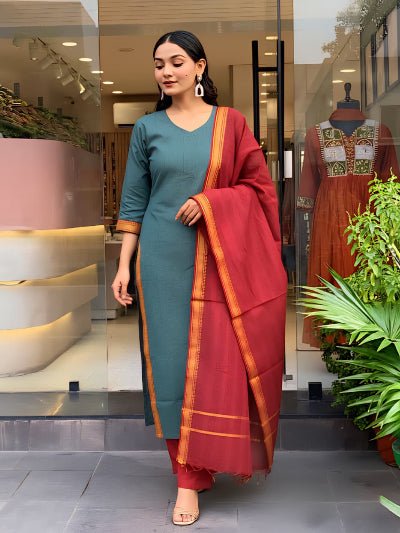 Dusty Green Maroon South Handloom Cotton Straight Suit Set - BONYHUBSALWAR KAMEEZ