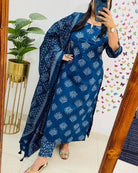 Blue Classy Adda work Cotton Straight Suit Set - BONYHUBSALWAR KAMEEZ