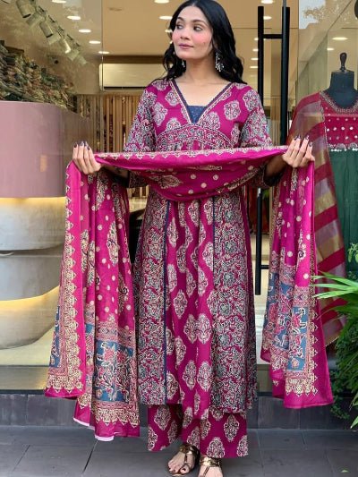 Classy Pink Embroidery Cotton Flair Anarkali Suit - BONYHUBSALWAR KAMEEZ