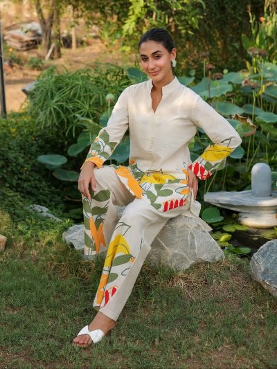 Beige Cotton Flex Tropical Print Co - Ord Set Of 2 - BONYHUBSALWAR KAMEEZ