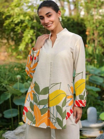 Beige Cotton Flex Tropical Print Co - Ord Set Of 2 - BONYHUBSALWAR KAMEEZ