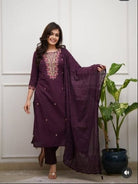 Wine Embroidery Work Cotton Straight Suit Set - BONYHUBSALWAR KAMEEZ